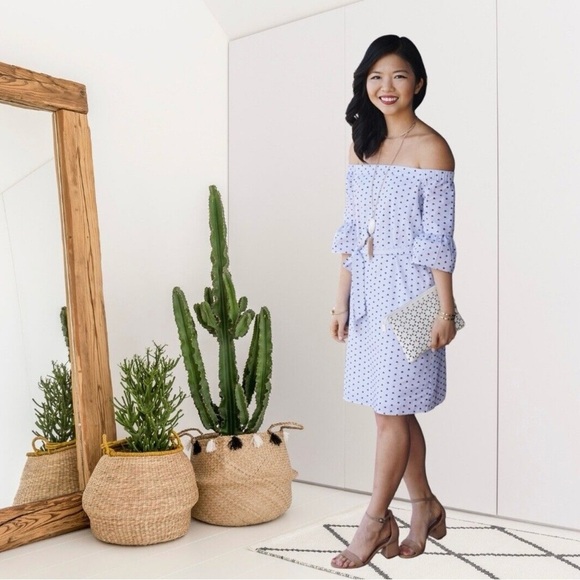 Banana Republic Swiss Dot Off Shoulder Dress Navy Blue Dots Belt Sz M Tall - Picture 3 of 15